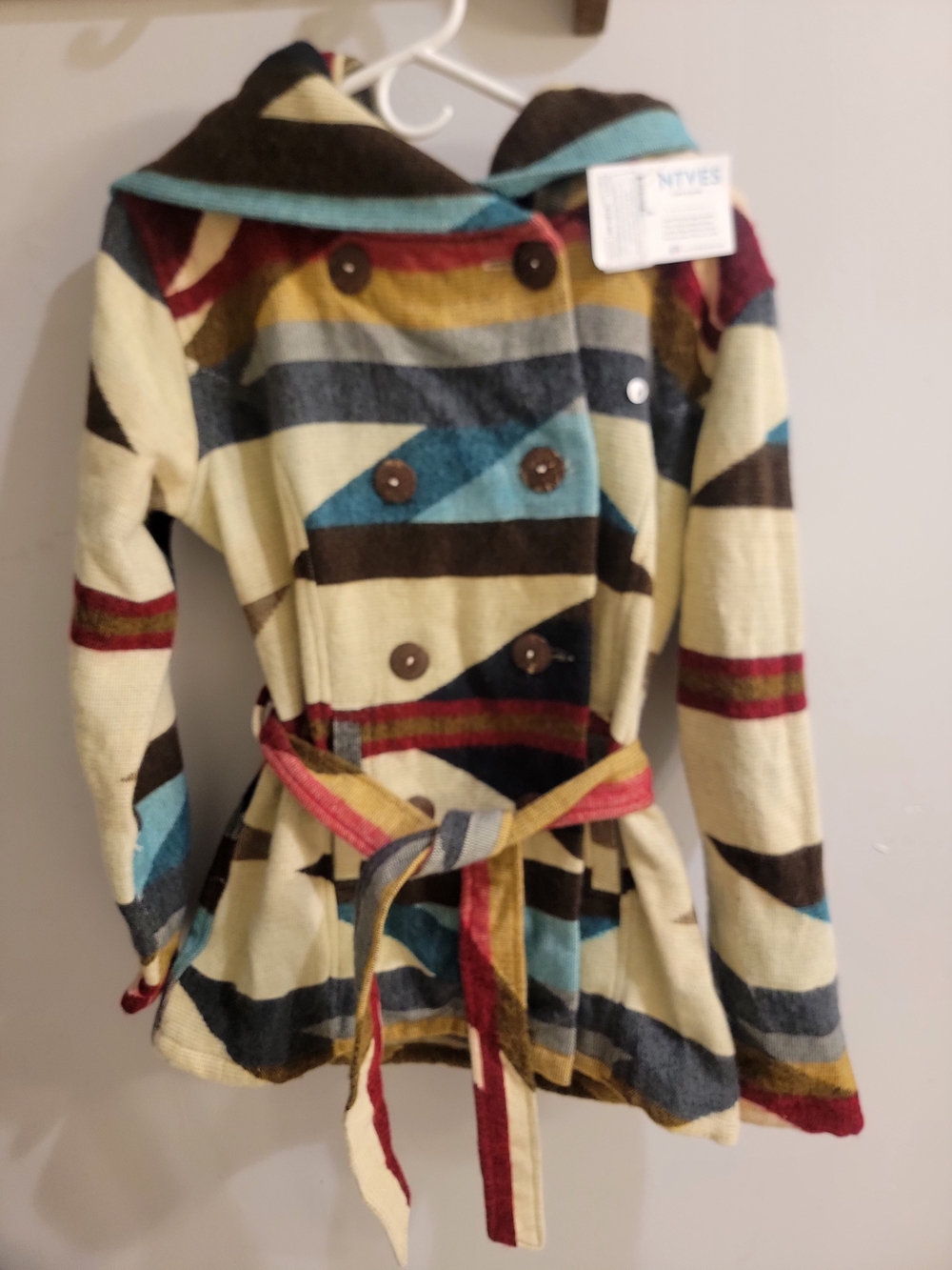 NTVES Handmade Alpaca Wool Hooded Coat Southwestern Boho Belted Jacket